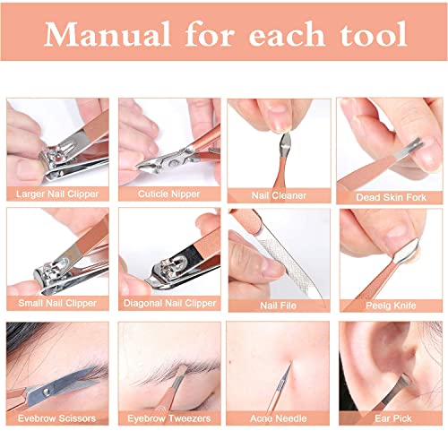 Conbo Women 12 In 1 Nail Clippers Set Manicure Pedicure Kit with Grooming Travel Leather (Rose Glod)