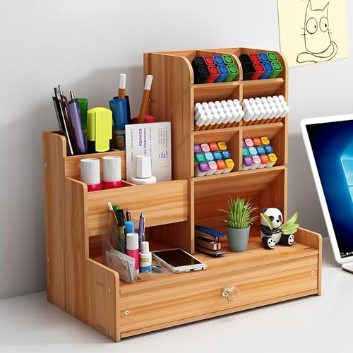 Excefore Desk Organizers Office Storage Supplies, Pen Holder Accessories for Pencil Marker - Wooden Desktop Stationary Organization for Office Decor - Art Supply Desk Caddy for Classroom School Home