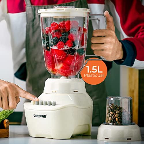 Geepas GSB5409 250W 2 in 1 Multifunctional Blender | Stainless Steel Blades, 4 Speed Control with Pulse | 1.5L Jar, Over Heat Protection| Ice Crusher, Chopper, Coffee Grinder & Smoothie Maker
