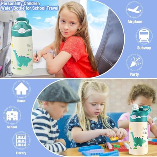 Bolivia's Stainless Steel Water Bottle for Kids, 400ml Leakproof Bpa-Free Children's Drinking Bottle, 316 Stainless Steel Dinosaur Straws Water Bottle for School Outdoor Sports Travel