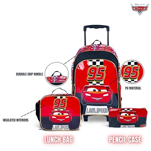 TRUCARE Disney Cars 16 Inch Kids 3-in-1 Trolley School Bag Set - Ergonomic Backpack, Insulated Lunch Bag & Pencil Case,Lightweight, Durable, Students 6+ - Perfect for Travel & School,For Boys