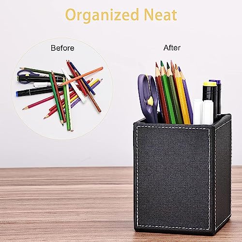 X spring PU Leather Square Pen Holder, Pencil Cups Desk Accessories Organizer, Office Stationery Supplies Organizer, Pens Organizer for Desk, Pencils Holder Cup for Office Supplies Organized (Black)