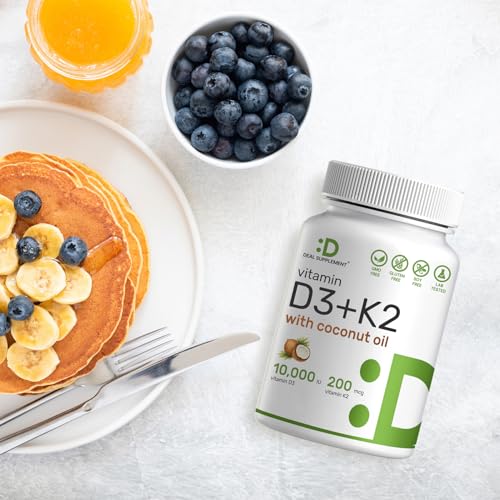 DEAL SUPPLEMENT Vitamin D3 10,000 IU + K2 MK7 200 mcg, Infused with Virgin Coconut Oil, 250 Softgels, Double Strength Vitamin D & K, Promotes Heart, Bone & Teeth Health - Very Easy to Swallow