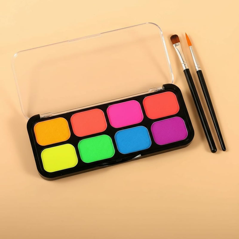 Face Painting Kit, 8 Neon Fluorescent Colors, UV Body & Face Paint, Water Activated, Ideal for Halloween, Rave, Festival Makeup, Skin-Safe, Non-Toxic, Easy Removal, Perfect for Kids & Adults