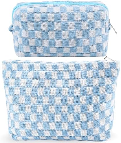 ZLFSRQ 3Pcs Checkered Makeup Bag for Women Large Cosmetic Bag Set Travel Toiletry Bag Makeup Pouch Bag for Purse Pink Zipper Storage Bag Organizer Cute Small Aesthetic Girls Car Essentials Bag