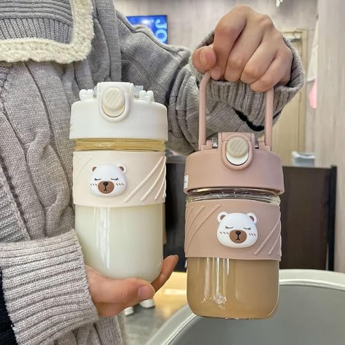 ChicAbode Kids Water Bottles with Straw,17oz Cute Kawaii Glass Water Bottle,Water Bottles with Strap and Lid Reusable Non Spill BPA Free, Ideal For School Nursery Sports Picnic (B)