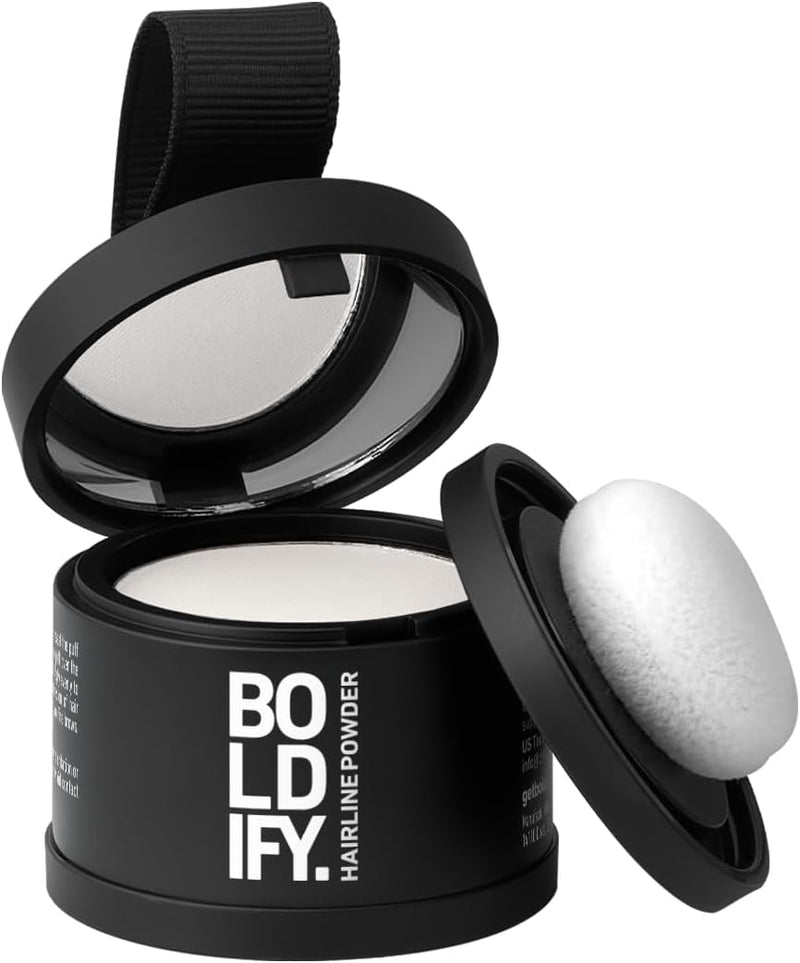 BOLDIFY Hairline Powder, Instantly Conceals Hair Loss and Fills In Receding Hairlines, and Wide Parts, Stain-Proof 48 Hour Formula for Hair & Beard, Root Concealer & Gray Hair Coverage (Medium Brown) - White