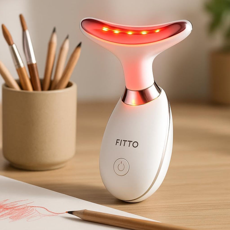 FITTO White Neck Face Massager, Face Sculpting Tool with 3 Color Modes,Ergonomic Design for Neck & Jawline, Rechargeable LED for Beauty & Relaxation