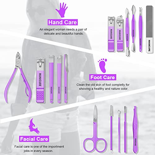 16 Stainless Steel Nail Care Tools, Manicure Set, Professional Nail Clipper Pedicure Set, Beauty Set with Luxury Travel Holster, Suitable for Men and Women with Thick Nails, Purple