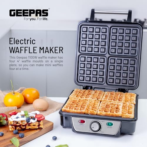 Geepas GWM5417 Electric Waffle Maker 1100W- 4 Slice Non-Stick Electric Belgian Waffle Maker with Adjustable Temperature Control