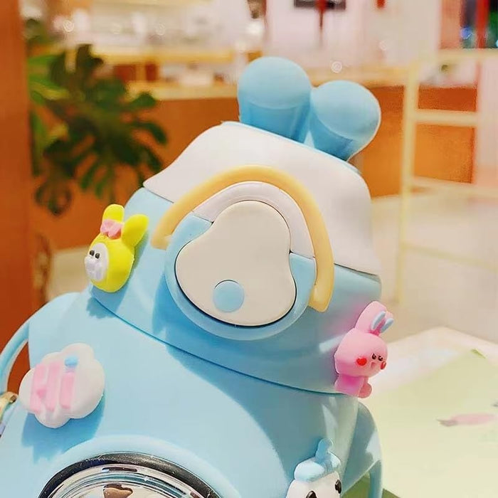 Twisoo Cute Rabbit Cartoon Kids Water Bottle with Straw and Adjustable Strap Food Grade Tritan One-Click Open Portable Leak Proof Insulated BPA Free For Kids Girls School Travel 500ml (Blue)