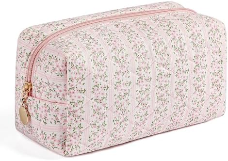 Makeup Bag, Travel Cosmetic Bag for Women Girls, Zipper Make Up Pouch, Floral Flowers Toiletry Organizer Makeup, Portable Storage Bag (Pink)