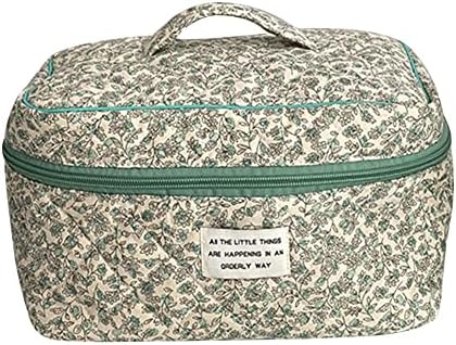Juoxeepy Cotton Makeup Bag Large Travel Cosmetic Bag Quilted Cosmetic Pouch Coquette Aesthetic Floral Toiletry Bag, A-White, 10x5.9x5.3in