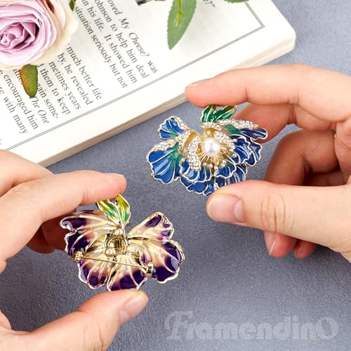 Framendino, 2 Pack Peony Enamel Brooch Pin Metal Flower Badges Lapel Pins Metal Pearl Brooches for Women (Purple and Blue), 2 Pack, Metal, no gemstone