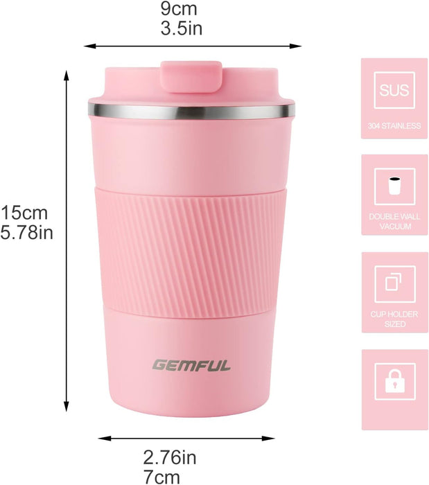 GEMFUL Travel Coffee Mug Stainless Steel Vacuum Ice and Hot Drinks Insulated Tumbler for Home Office Outdoor Works, 380ml, Pink