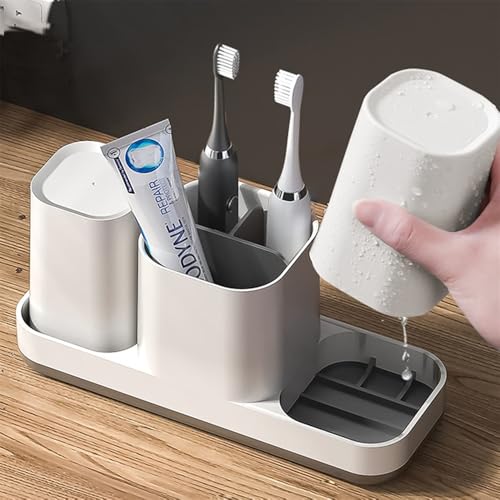Azonee Toothbrush Holder for Bathroom, Bathroom Organizer Storage Set with 2 Cups, Kids Electric Toothbrush Holder, Bathroom Accessories Storage for Toothpaste Razor (White)