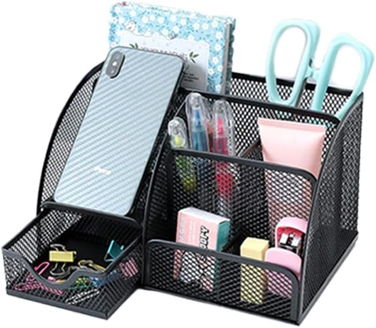 FATI Accessories FATI Desk Organizer Mesh Pen Holder with 6 Compartments and 1 Drawer Stationery Organizers for Home Office School Classroom Multifunctional