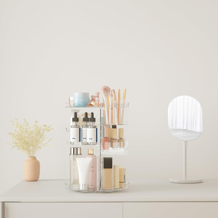 AWH 360° Rotating Makeup Organizer – Clear Acrylic Spinning Storage Display for Cosmetics, Skincare, Perfume, Beauty Essentials & Toiletries – Space-Saving Vanity & Bathroom Organizer