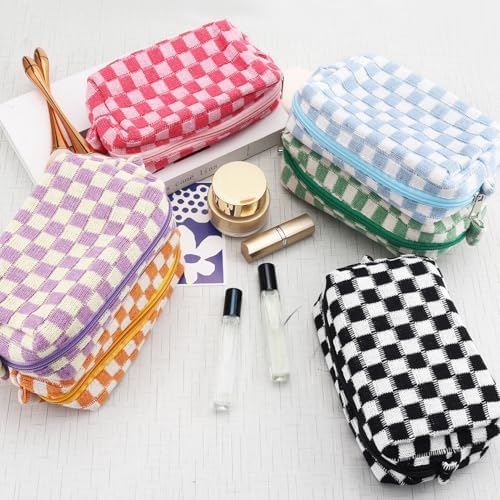 ZLFSRQ 3Pcs Checkered Makeup Bag for Women Large Cosmetic Bag Set Travel Toiletry Bag Makeup Pouch Bag for Purse Pink Zipper Storage Bag Organizer Cute Small Aesthetic Girls Car Essentials Bag