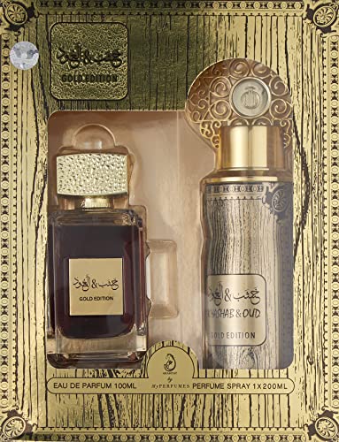 Arabiyat Khashb Oud Gold Perfume Gift Set For Unisex, Eau De Parfum, 100 Ml + Deodorant, 200 Ml