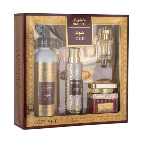Hamidi Home Natural Oud 4 Pieces Gift Set, Air Freshener 480ml, Eau De Parfum 100ml, Perfume Oil CPO 12ml, Muattar 50gm, Fragrances, Use Every where, Smoke Free, Long Lasting, Gifts Hampers