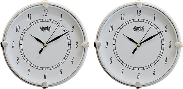 Ajanta Plastic Step Movement Round Wall Clock (White, 19 cm x 19 cm x 3.6 cm) - Standard (Pack of 2)