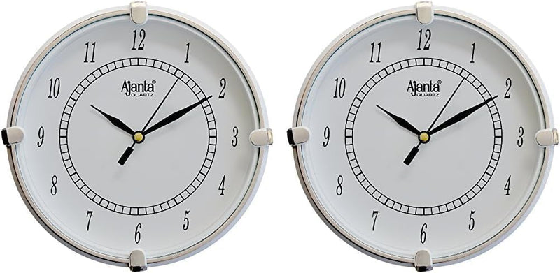 Ajanta Plastic Step Movement Round Wall Clock (White, 19 cm x 19 cm x 3.6 cm) - Standard (Pack of 2)