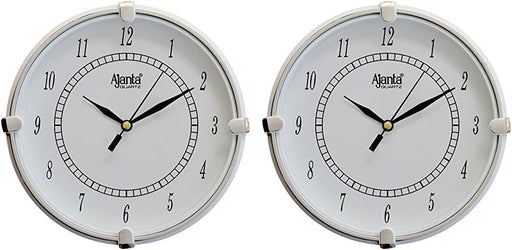 Ajanta Plastic Step Movement Round Wall Clock (White, 19 cm x 19 cm x 3.6 cm) - Standard (Pack of 2)