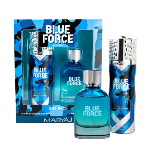 Maryaj Blue Force Perfume Gift Set for Men, Eau de Parfum Spray 100ml + Perfume Body Spray 200ml