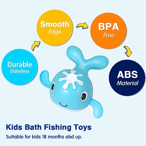 Joyzzz Kids Bath Fishing Toy, Magnetic Fishing Game with Wind-Up Swimming Whales, Toddler Bath Toys for Baby Bath Time Sensory Development, Boys Girls 2 3 4 5 Years Bathtub Toy