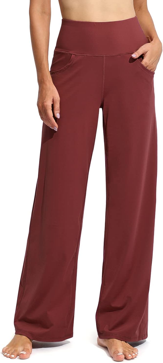 Women Yoga Pants Activewear Leggings Trousers with Pockets Stretch Loose Casual Wide Lounge Sweatpants Petite/Regular/Tall - Burgundy