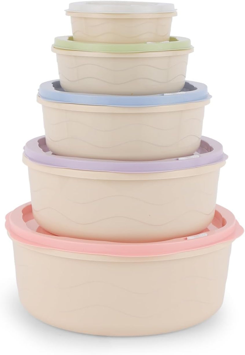 Royalford 5pcs Plastic Storage Box Set RF12181 Food Storage Round Containers Smart Lock Lid Airtight Odour Free Dishwasher & Freezer Safe - 5 piece set