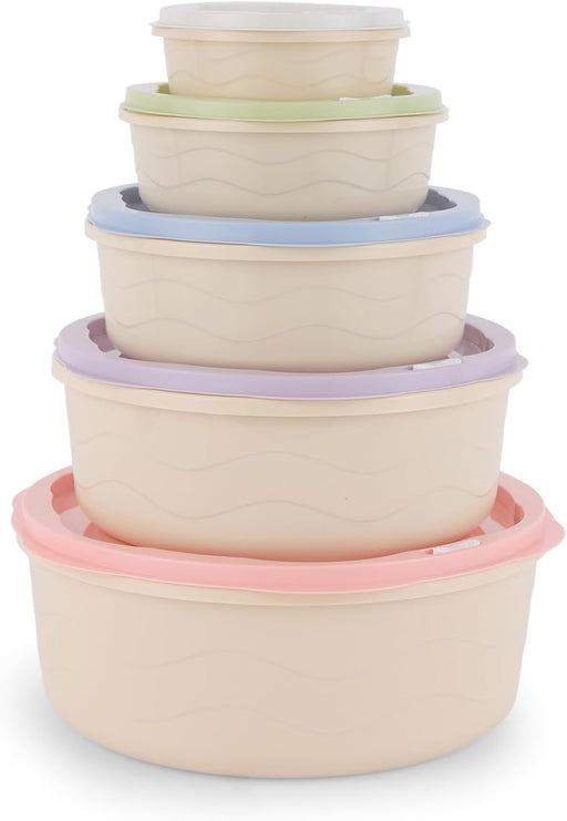 Royalford 5pcs Plastic Storage Box Set RF12181 Food Storage Round Containers Smart Lock Lid Airtight Odour Free Dishwasher & Freezer Safe - 5 piece set