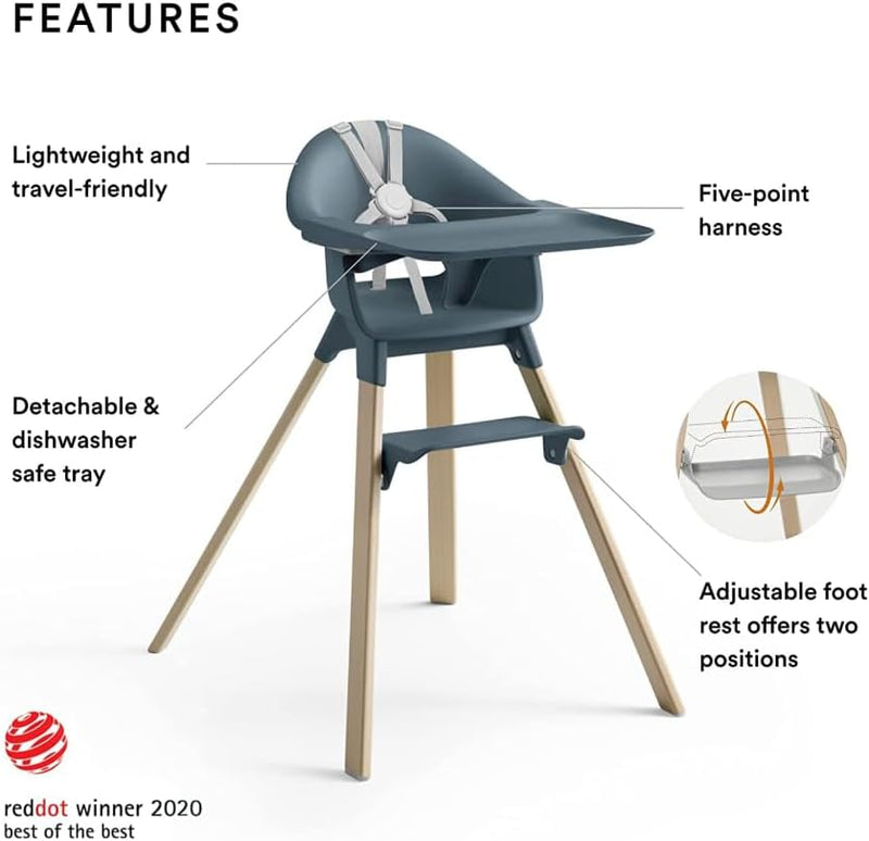 Stokke Clikk High Chair, Fjord Blue - All-in-One High Chair with Tray + Harness - Light, Durable & Travel Friendly - Ergonomic with Adjustable Features - Best for 6-36 Months or Up to 33 lbs