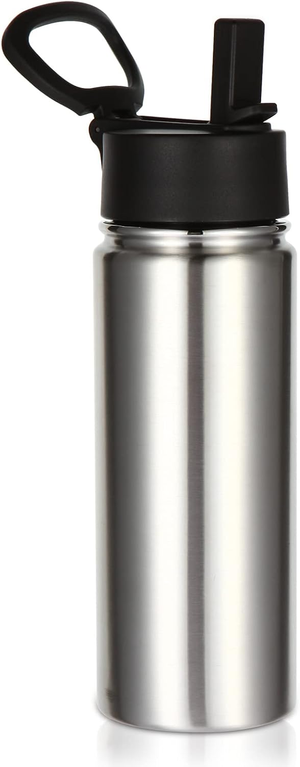 18oz Kids Insulated Water Bottle,Stainless Steel Water Bottles with Straw Lid,Wide Mouth Reusable Metal Sports Water Flask,Double Wall Vacuum Travel Cups For Cold Drink(Dark Night,1 Set) - Silver 1