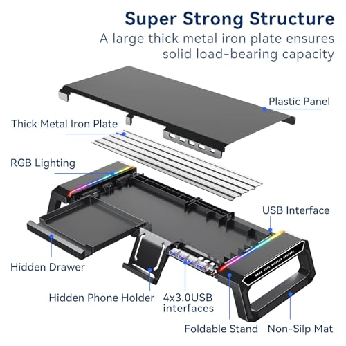 NALACAL RGB Gaming Computer Monitor Stand Riser - 4 USB 3.0 Hub, 3 Length Adjustable, Laptop Desk Shelf with Storage Drawer and Tablet Phone Holder, Desk Organizers for Desktop, Printer (Black)