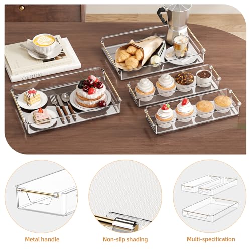 TenSteed Bathroom Trays,Vanity Tray with Gold Handles, Multi-Purpose Storage Organiser Set for Kitchen, Bathroom and Dining Table, Non-Slip Base (Transparent)
