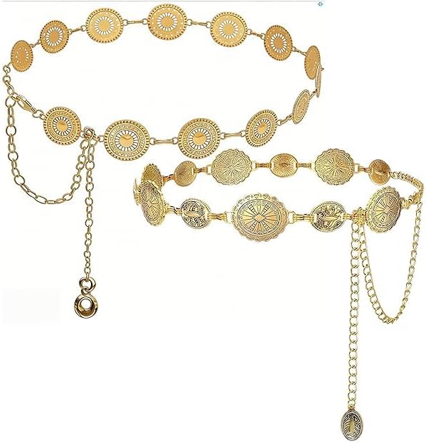 BOSSNOUK 2Pcs Gold Waist Chain Belt for Women Sun Moon Boho Body Chain, Nickel-Free Adjustable 125cm, Dress Belt for Abaya Kaftan Jeans Eid Ramadan Gift - D