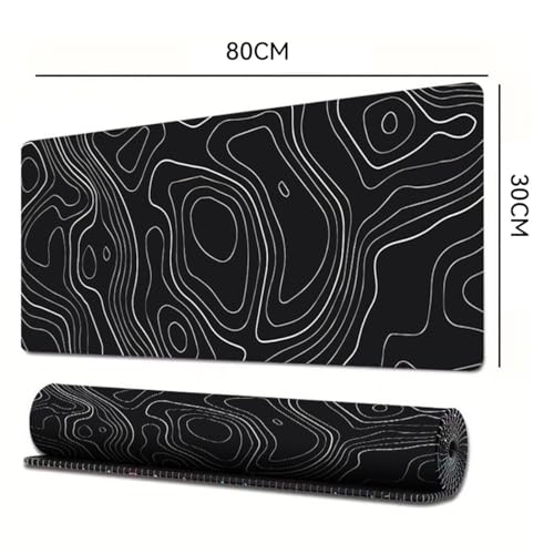 ECVV Gaming Mouse Pad XL - 80x30cm Large Mouse Mat with Anti-Slip Rubber Base for Keyboard and Mouse, for Home and Office�?Black with White Topographic Line�?
