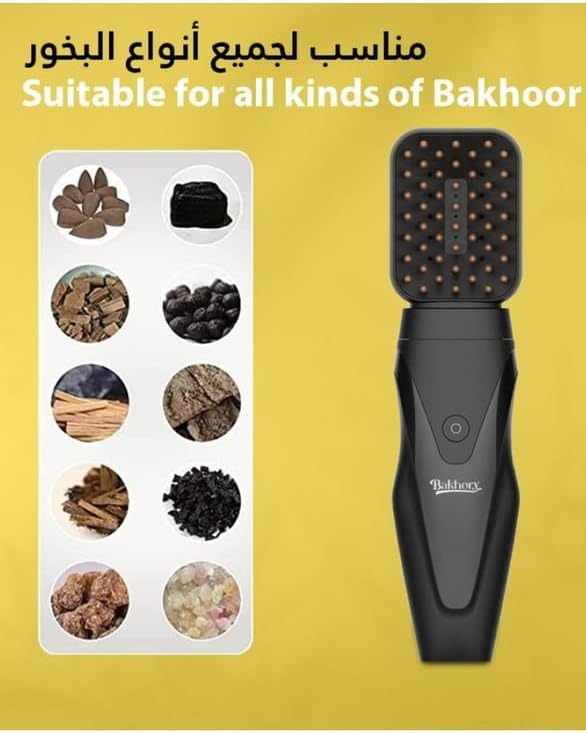 Bukhoon USB Rechargeable Electric Oud Hair Bakhoor Incense Burner Mabkhara with Soft Comb - Black.version 2024 ..