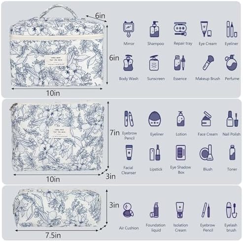 Joyzzz Makeup Bag, 3 PCS Large Floral Cosmetic Bag with Cotton Material, Quilted Makeup Bag with Zipper, Cotton Makeup Bag Set for Women and Girl, Flower Toiletry Bag for Travel, Daily Use