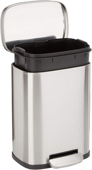 Amazon Basics Smudge Resistant Rectangular Trash Can With Soft-Close Foot Pedal, Brushed Stainless Steel, for Bathroom & small space, 5 L /1.32 Gal, Satin Nickel Finish, 7.3x8.5 x11.8 in (LxWxH) - 5L