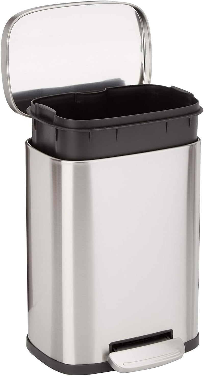 Amazon Basics Smudge Resistant Rectangular Trash Can With Soft-Close Foot Pedal, Brushed Stainless Steel, for Bathroom & small space, 5 L /1.32 Gal, Satin Nickel Finish, 7.3x8.5 x11.8 in (LxWxH) - 5L