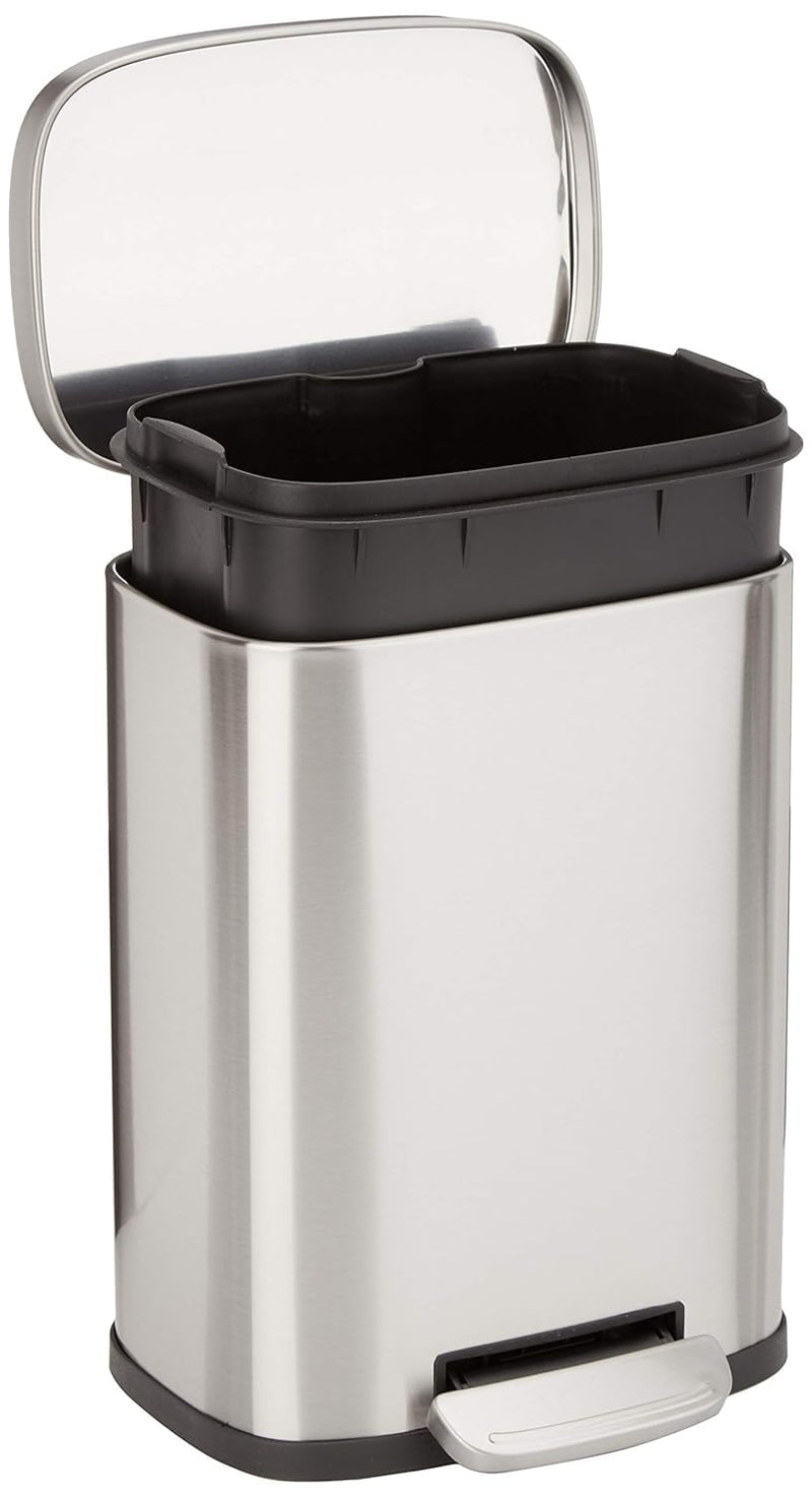 Amazon Basics Smudge Resistant Rectangular Trash Can With Soft-Close Foot Pedal, Brushed Stainless Steel, for Bathroom & small space, 5 L /1.32 Gal, Satin Nickel Finish, 7.3x8.5 x11.8 in (LxWxH)