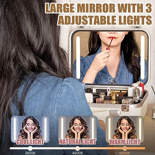 NALACAL Makeup Travel Lighted Case with Large LED Light Mirror Coetic Bag Organizer Professional Adjustable Divider Storage, Waterproof Portable Make up Train Box Accessories And Tools Case (White)