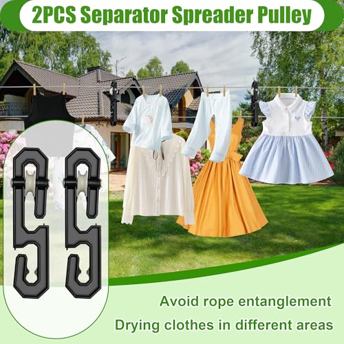 Anglekai Outdoor Clothesline Kit, Clothesline Pulley Kit Include 150FT Clothes Line/ 2 Pulley/ 2 Separator Spreader/Tightener/ 4 Hooks for Outdoor Clothes