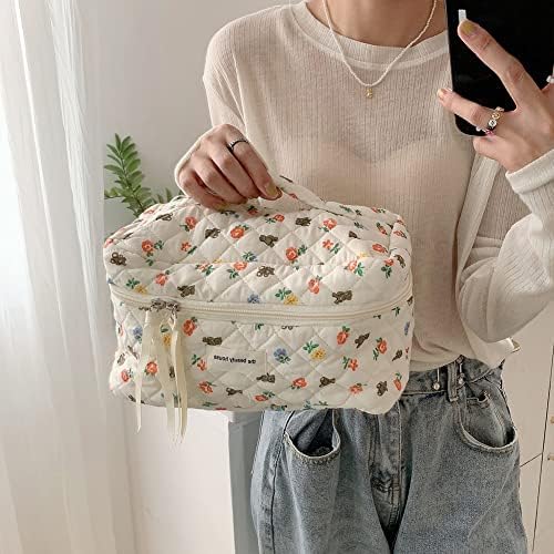 Juoxeepy Cotton Makeup Bag Large Travel Cosmetic Bag Quilted Cosmetic Pouch Coquette Aesthetic Floral Toiletry Bag, A-White, 10x5.9x5.3in
