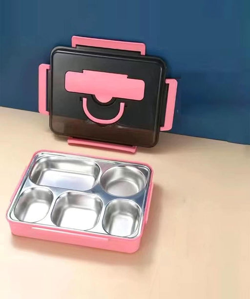 Lunch Bento Box for Kids, 5 Compartments Portable Thermal Insulation Leak-Proof Children's Lunch Containers with Stainless Steel Liner Spoon and Spork for School and office (Pink/Silver/Black) - Pink/Silver/Black