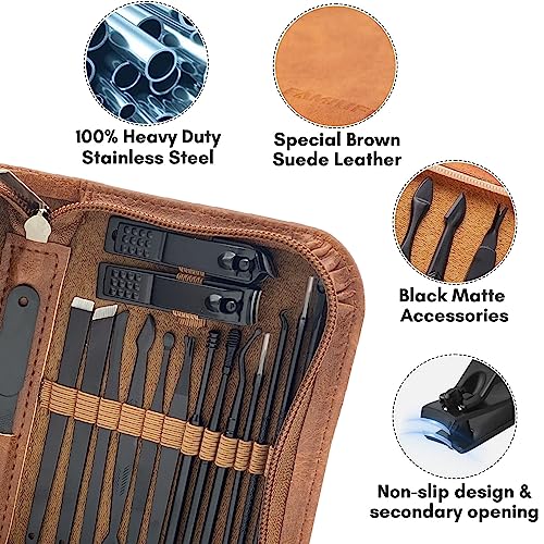 X spring Professional Nail Clippers Set, 25 Pcs Black Stainless Steel Nail Care Kit, Pedicure and Manicure Set with Brown Leather Travel Case, Household Nail Clippers Pedicure Tools for Men and Women