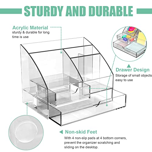 Banshou Upgraded Desk Organizer Office Accessories, Acrylic-Functional Desk Organizer with 5 Compartments and 2 Drawer for Home, Office, School, Workshop, kitchen (Clear)